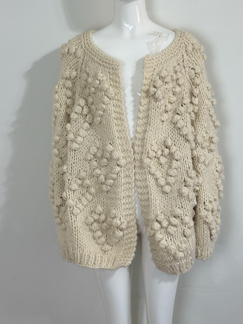 Chicwish Heart Pom Pom Hand Knit Cardigan Wool Blend Beige Chunky Open Front L
